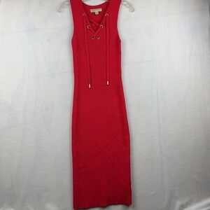 Michael Kors Red‎ Ribbed Knit Lace Up Bodycon Sleeveless Midi Dress